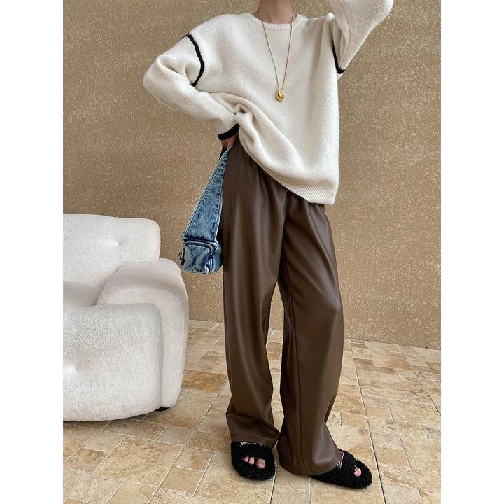 高腰垂感亚光高级感PU皮裤女秋季新款黑色宽松直筒裤显瘦阔腿长裤