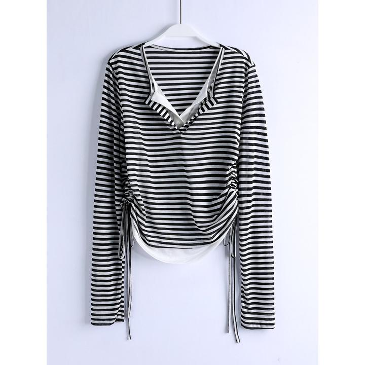 【韩哥女装】墨绿白条纹设计感显瘦假两件百搭小众修身长袖3202A