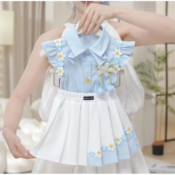 女童夏季甜美飞袖立体花朵衬衫套装中大童洋气设计感百褶裙两件套