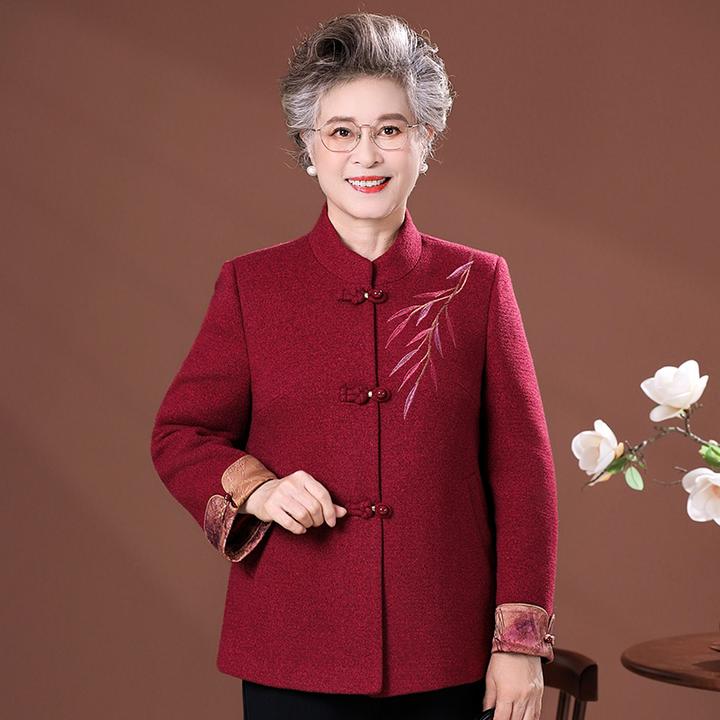 中老年妈妈秋冬季呢子国风喜婆婆毛呢外套女老人奶奶太太秋装衣服