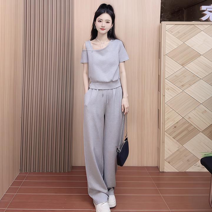 慵懒风时尚运动套装女2025年夏季新款设计感百搭短袖阔腿裤两件套