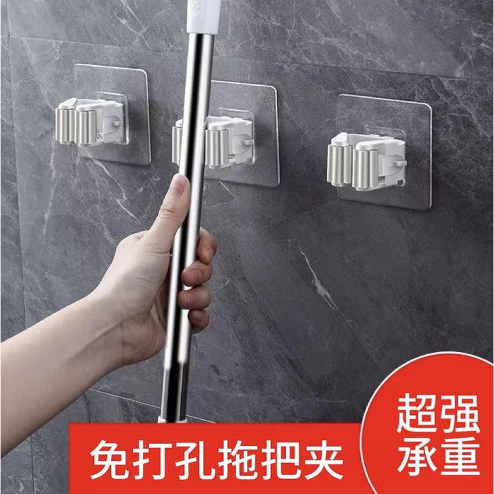 新款免打孔拖把夹家用壁挂扫把挂浴室卫生间无痕拖把挂钩
