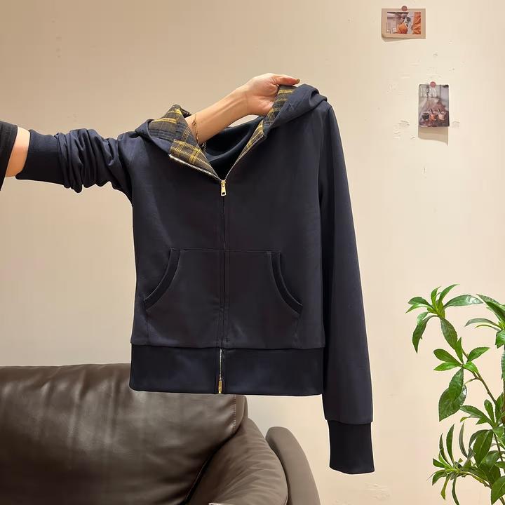 韩系复古格子短裙a字裙长袖撞色连帽卫衣开衫外套女早秋上衣套装