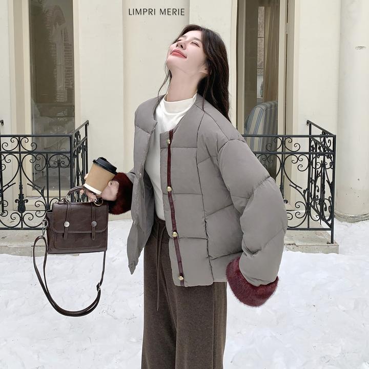 毛绒拼接羽绒服女冬2025新款小个子立领超好看90绒设计感90绒外套