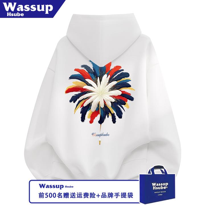 WASSUP HSUBE羽毛印花加绒卫衣白色重磅男女款秋冬季连帽套头上衣