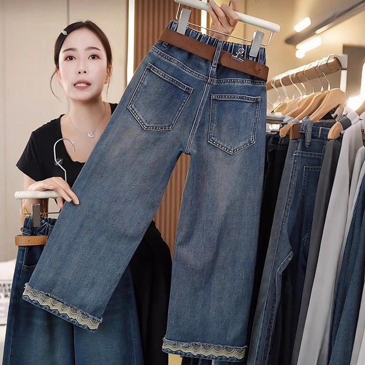 女童牛仔直筒裤春秋新款儿童花边裤韩版中大童洋气显高女童牛仔裤