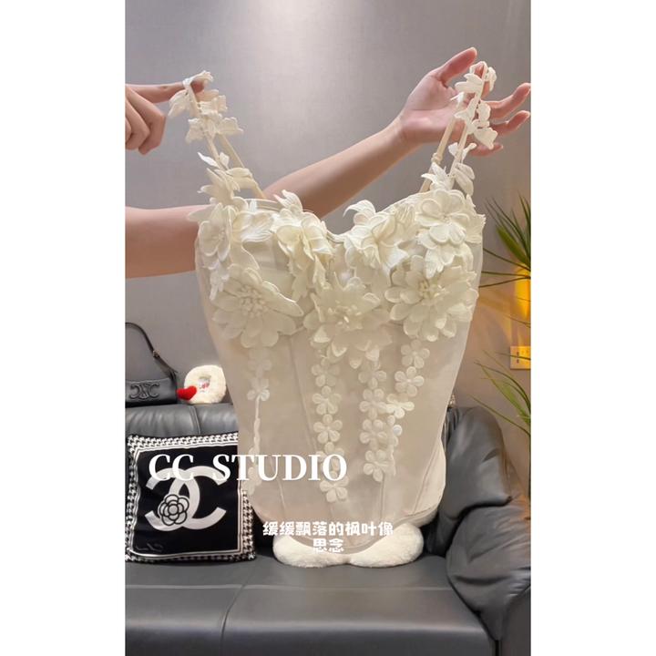 白茉山茶 带胸垫法式立体花背心度假穿搭公主风重工吊带