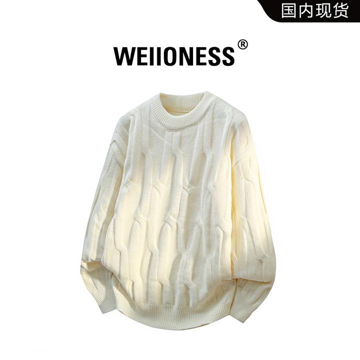 WEIIONESS提花圆领毛衣男秋冬潮流针织衫轻奢休闲纹理感男生衣服