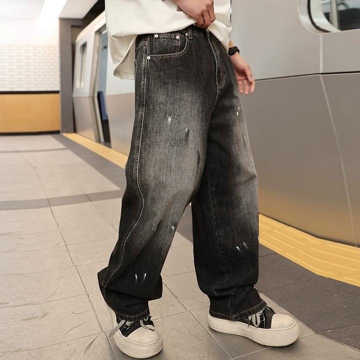 美式高街潮牌个性泼墨复古水洗牛仔裤男潮流宽松直筒百搭痞帅长裤