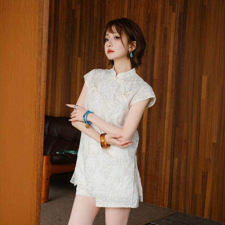 MIUCO新中式刺绣套装女国风盘扣上衣短裤小个子T9542P4747