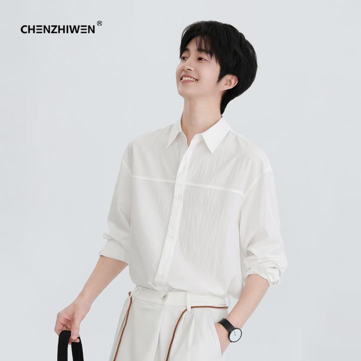 陈智文春季新款白色冰丝透气衬衣速干宽松休闲简约拼接长袖衬衫男