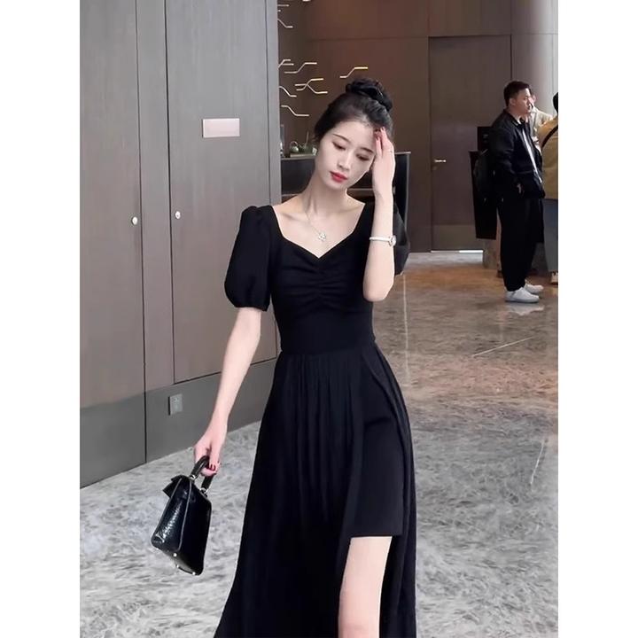 欧洲站法式赫本风黑色连衣裙纯欲气质开叉长裙收腰显瘦小黑裙女夏