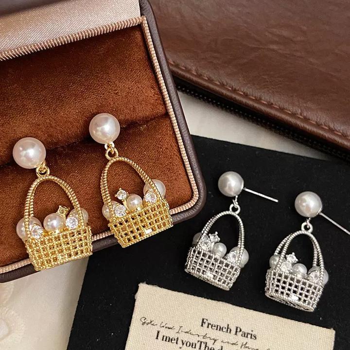 铜合金耳饰 法式编织篮子珍珠耳环耳饰2025年火爆款大气金色耳饰