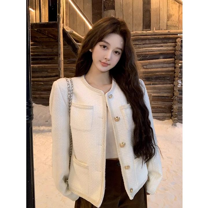 白色粗花呢小香风外套女短款2025春季新款小个子富家千金名媛上衣