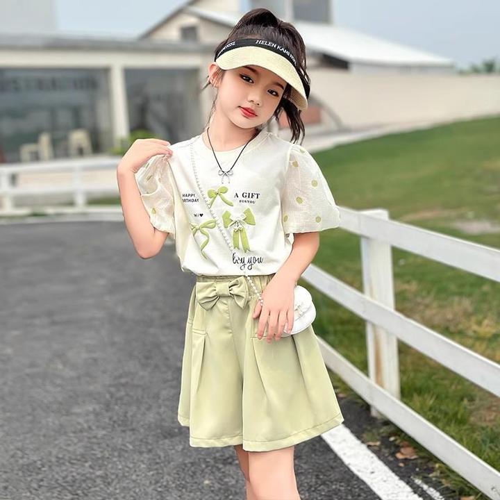 女童夏装套装2025新款洋气女孩甜美t恤裙裤中大童短袖短裤两件套