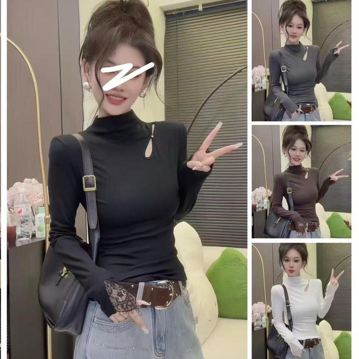 半高领蕾丝钉珠长袖上衣女T恤2025秋冬新款设计感小众镂空打底衫