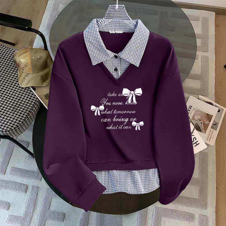 假两件POLO衫领卫衣女2025春秋新款格子拼接设计感时尚宽松上衣潮