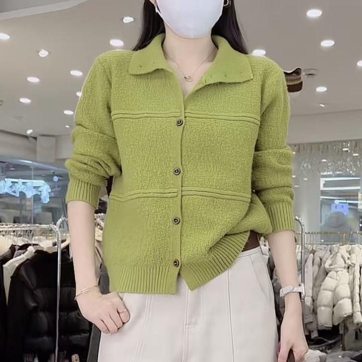 针织衫女显瘦毛针织衫纯色气质针织长袖休闲翻领秋冬