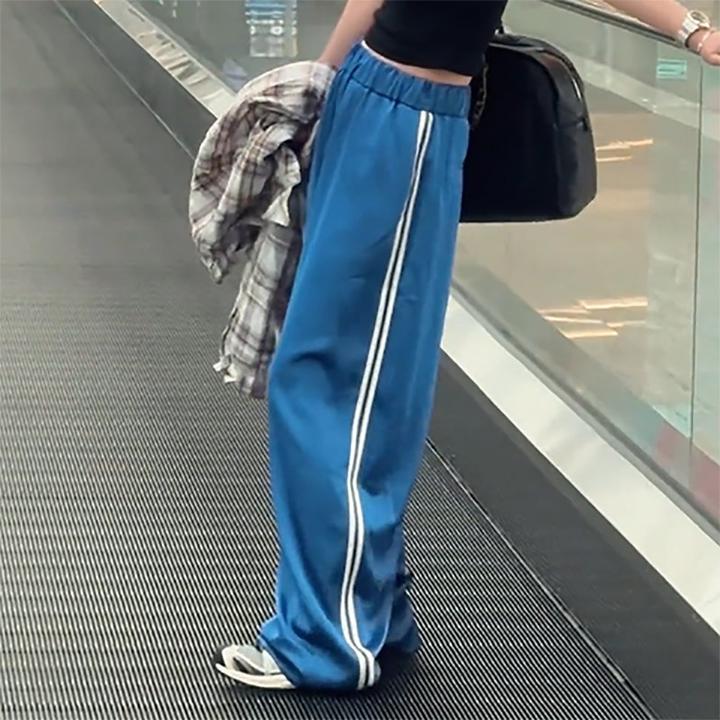 蓝色侧边条纹松紧腰运动卫裤子女夏季休闲百搭宽松bf慵懒风阔腿裤