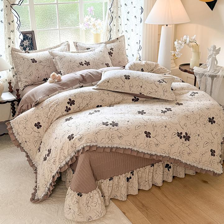 轻奢法式荷叶边棉麻加厚床盖四件套韩版针织水洗棉双层纱四季通用