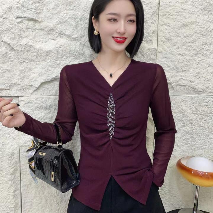 2025春季新款V领纯色褶皱串珠时尚减龄显瘦长袖小衫#7680