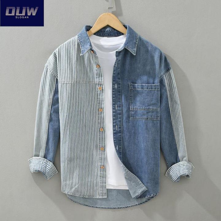 O.U.W牛仔拼接撞色竖条纹长袖衬衫外套男士初秋港风休闲宽松衬衣