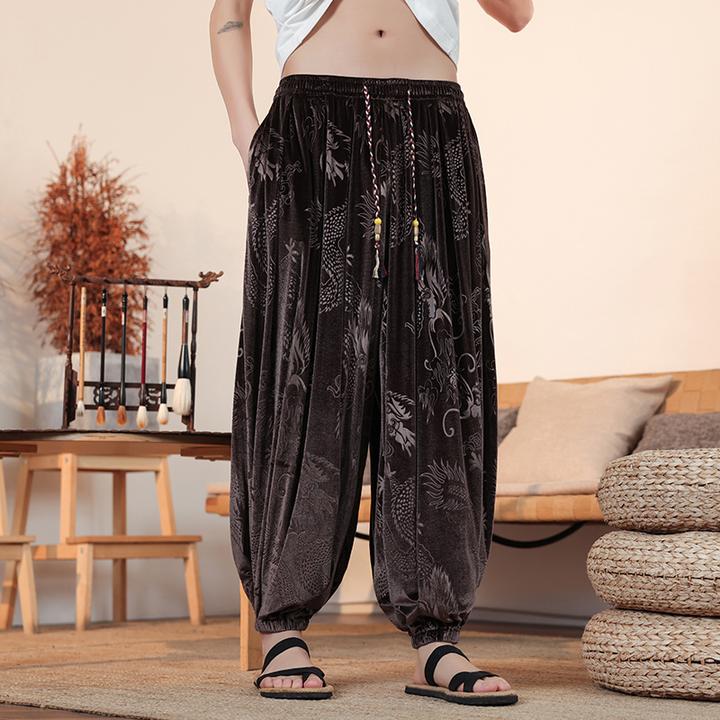 大码胖子阔腿灯笼裤男秋冬季中国风金丝绒复古龙纹提花宽松哈伦裤