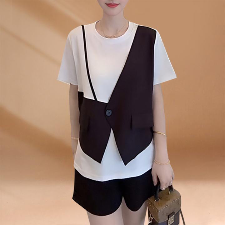 夏季搭配一整套减龄洋气休闲时尚马甲拼接T恤上衣短裤两件套装女