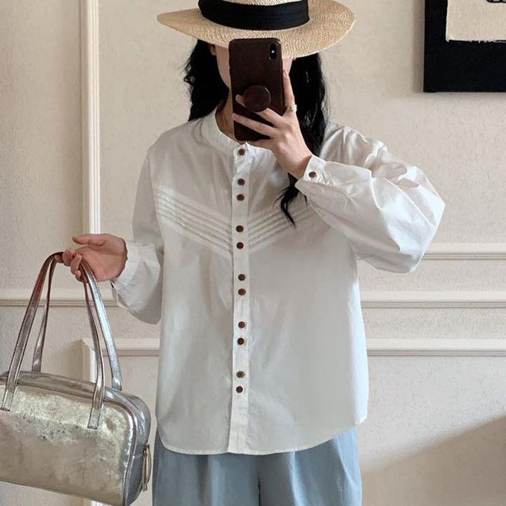 衫衣新疆包邮圆领单排扣白色薄款春秋女春装新款夏季显瘦衬衣上衣