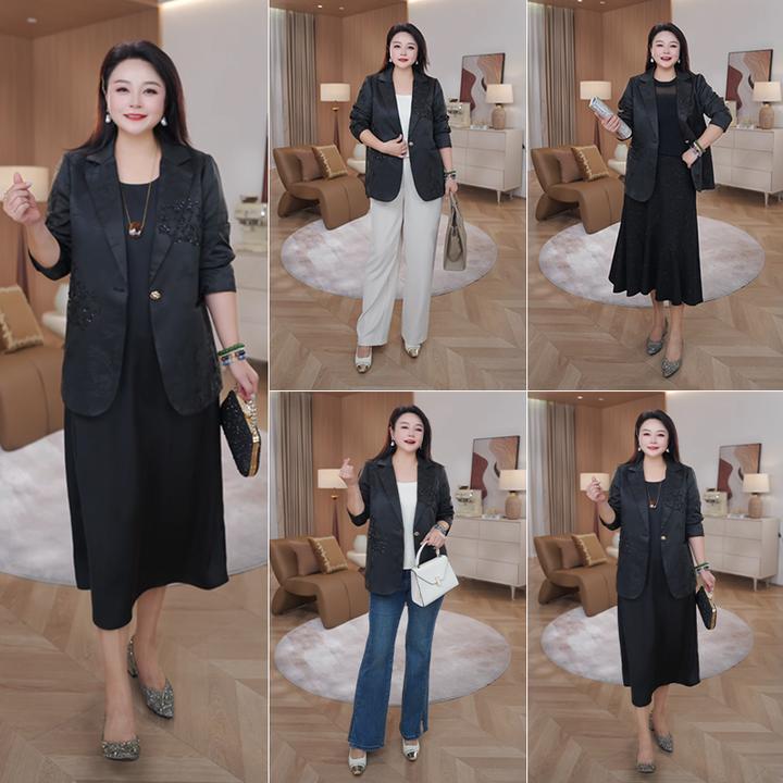 【现货】MsShe大码女装2025秋新中式重工钉珠提花西装J~B2509033