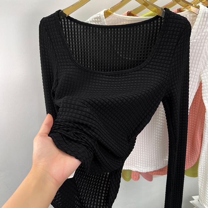 纯欲风华夫格方领长袖T恤女爆款不规则时尚款上衣修身内搭打底衫