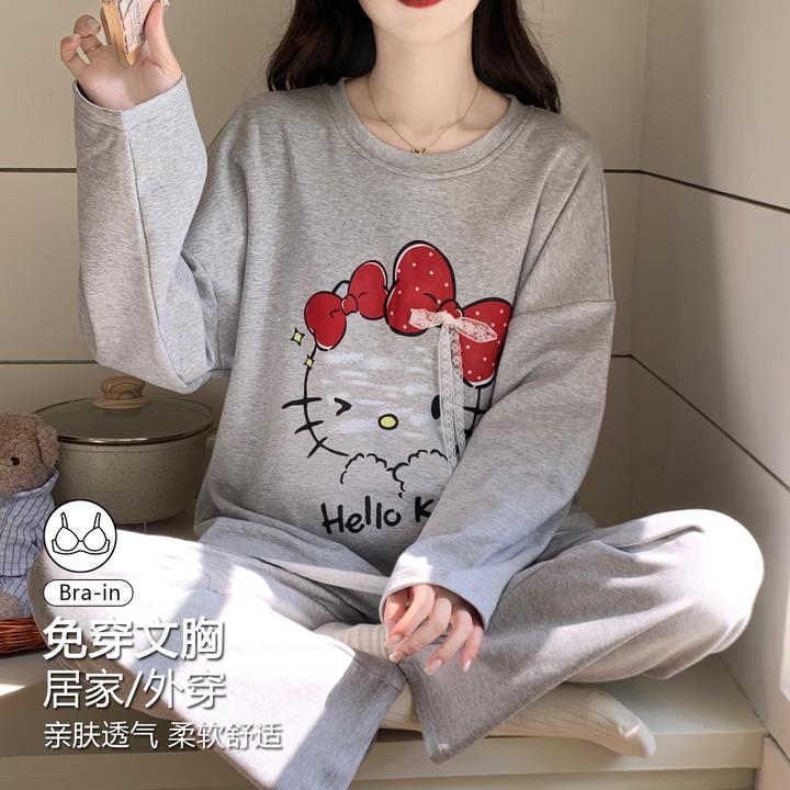 凯蒂猫睡衣女款爆款2025新款带胸垫春秋长袖学生家居服套装可外穿