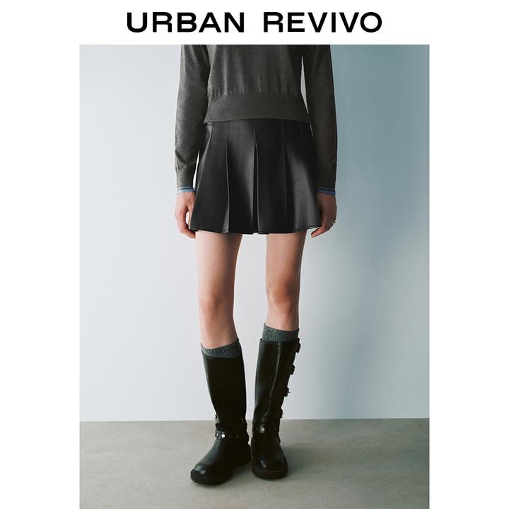UR2026春季新款女装摩登都市PU短款百褶半裙UYU550074+