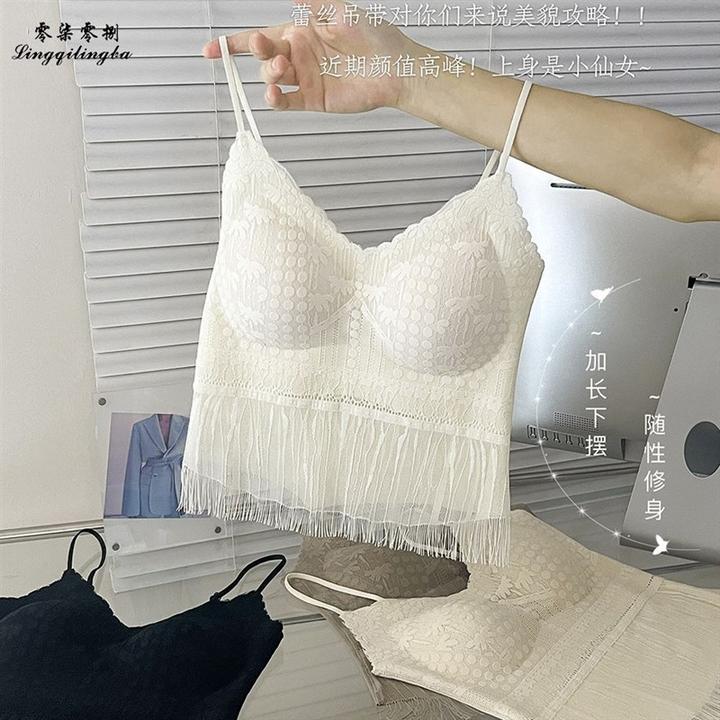 新款法式流苏蕾丝吊带背心可调节防滑细肩带固定杯一体式美背