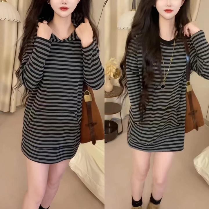 宽松常规款条纹中长款长袖秋冬休闲打底连衣裙