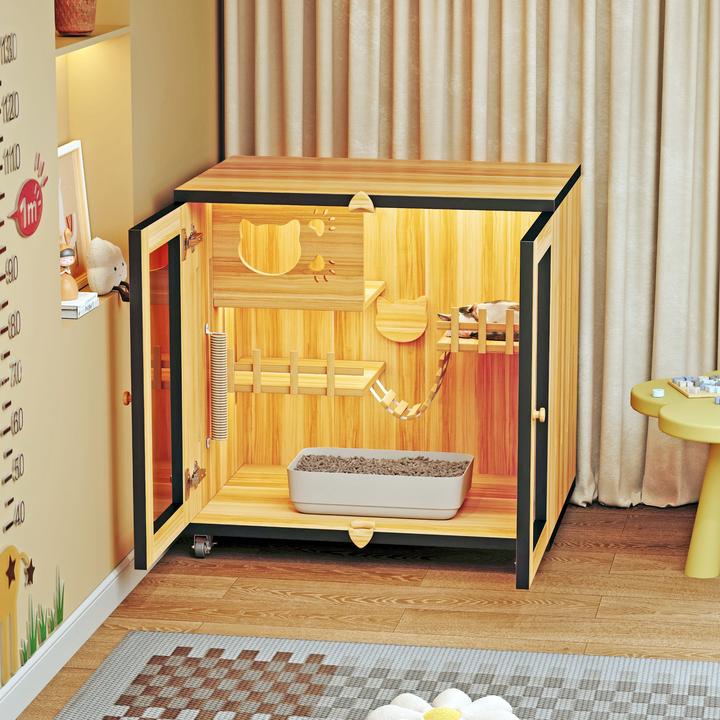 猫别墅木框玻璃门铁网宠物柜超大自由空间豪华猫舍宠物柜猫笼猫屋