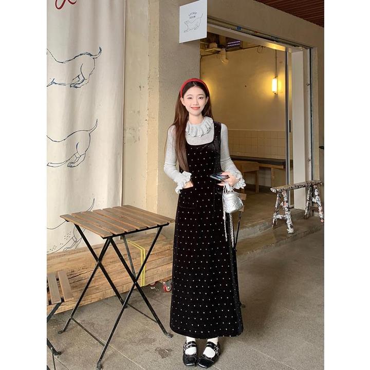 法式气质镶钻黑色丝绒连衣裙女冬季加绒保暖背心裙高腰包臀裙长裙