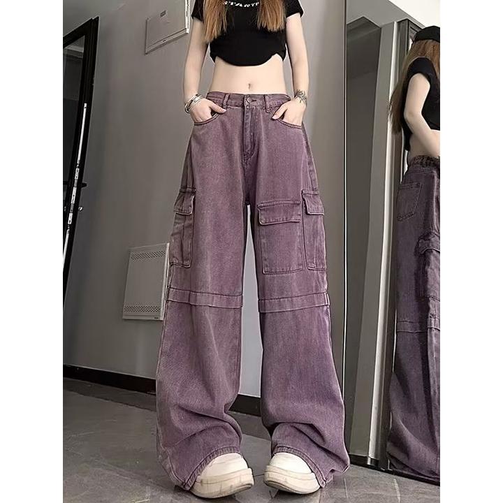 大码美式复古紫色工装牛仔裤女春夏辣妹高腰宽松阔腿裤拖地裤子潮