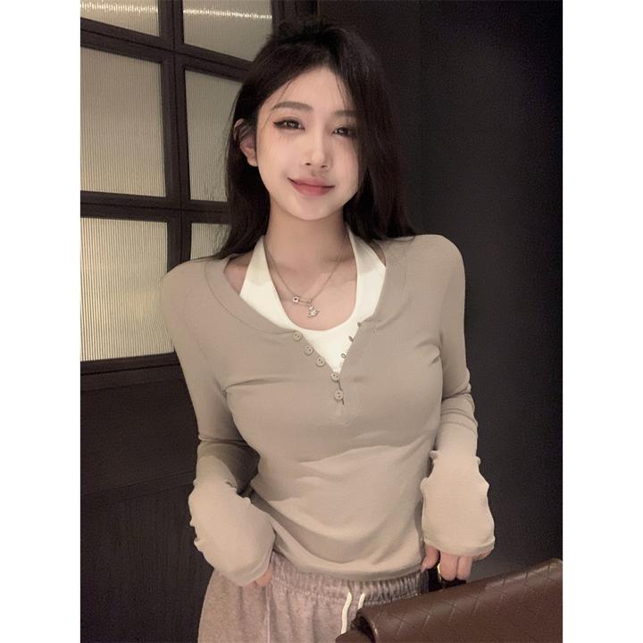 打底衫内搭辣妹撞色假两件纽扣打底长袖T恤修身显瘦短款气质衣服