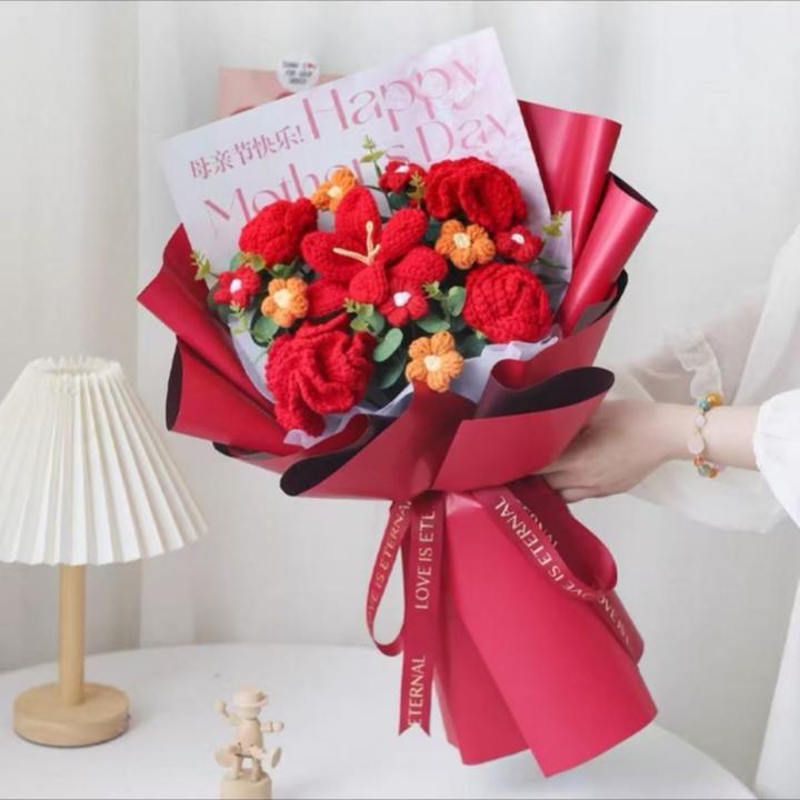 母亲节送妈妈康乃馨玫瑰手工针织毛线花大花束520情人卡送女友花