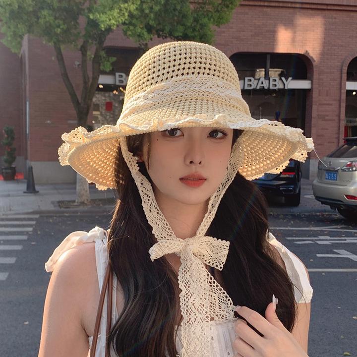 海边沙滩帽蕾丝草编帽子女款夏季遮阳防晒渔夫帽蝴蝶结度假风草帽