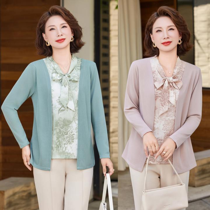中年妈妈秋装打底衫假两件上衣服2025新款中老年女装春秋洋气小衫