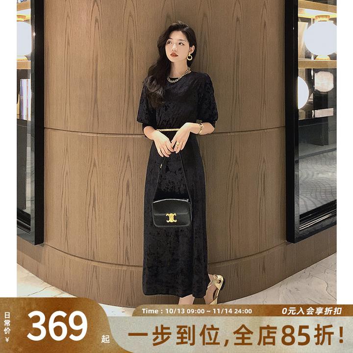 美洋MEIYANG【特卖】黑珊瑚连衣裙 优雅光泽钻石绒长袖圆领长裙