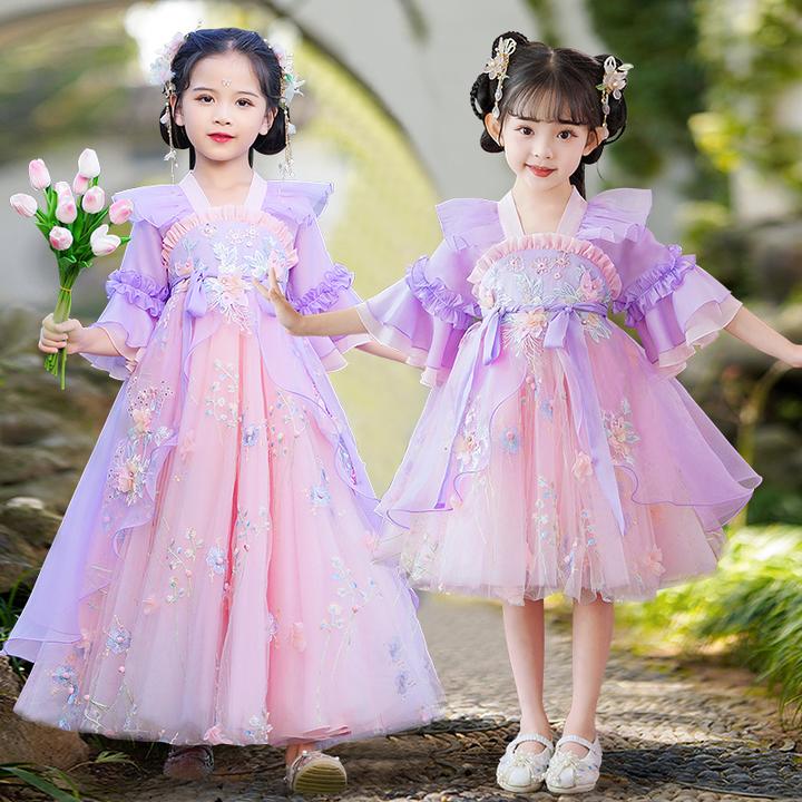 99228中国风民族风女民族汉服女童裙子中式古风唐装连衣裙春秋款