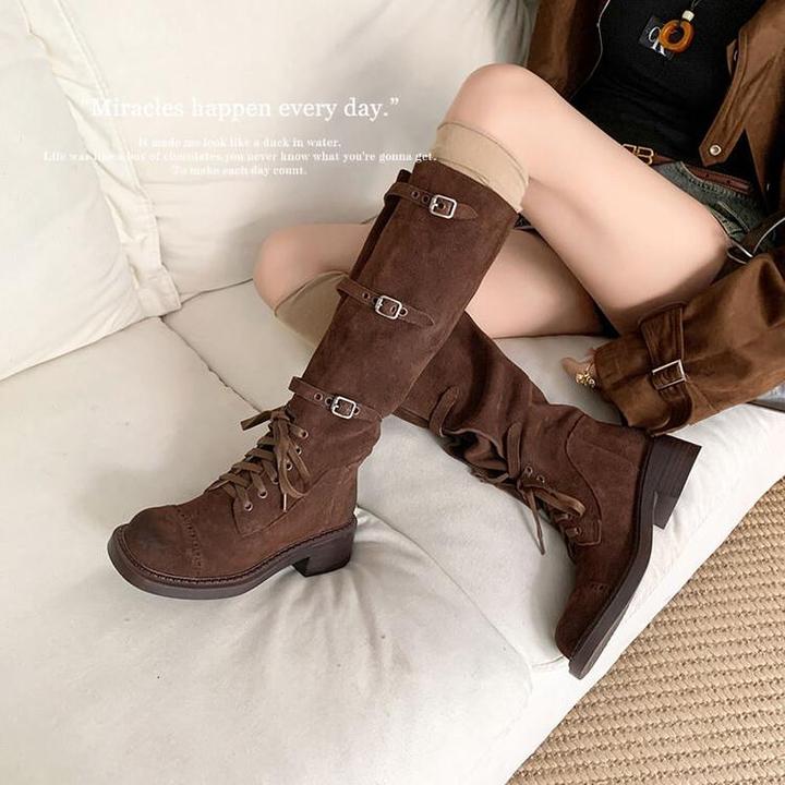 慵懒风~！4.5cm真皮圆头粗跟大筒围皮带扣西部高筒靴休闲百搭长靴