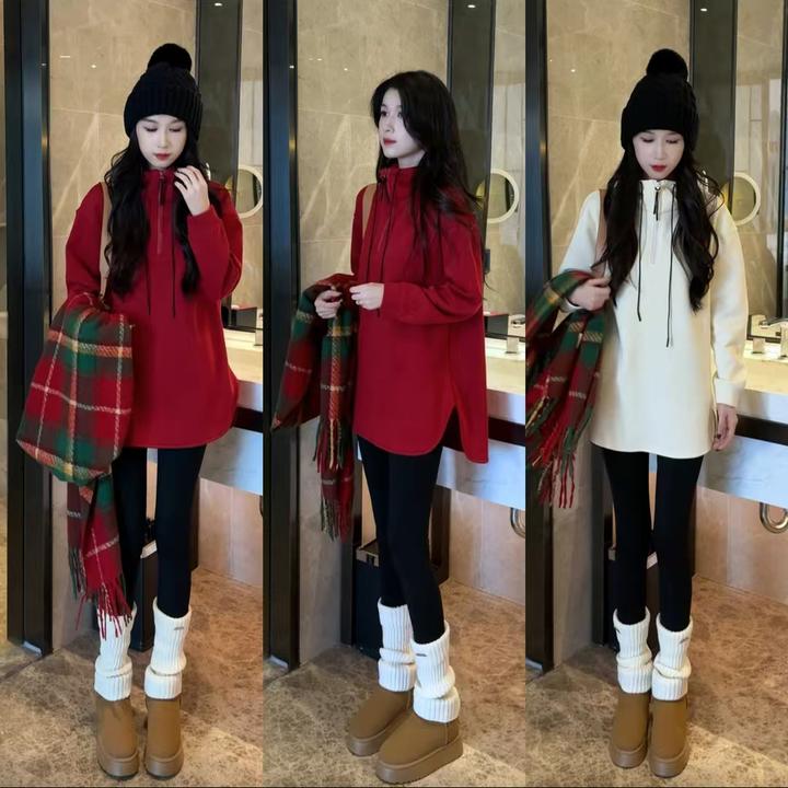 冬季新款时尚加绒连帽卫衣欧韩穿搭+打底裤两件套