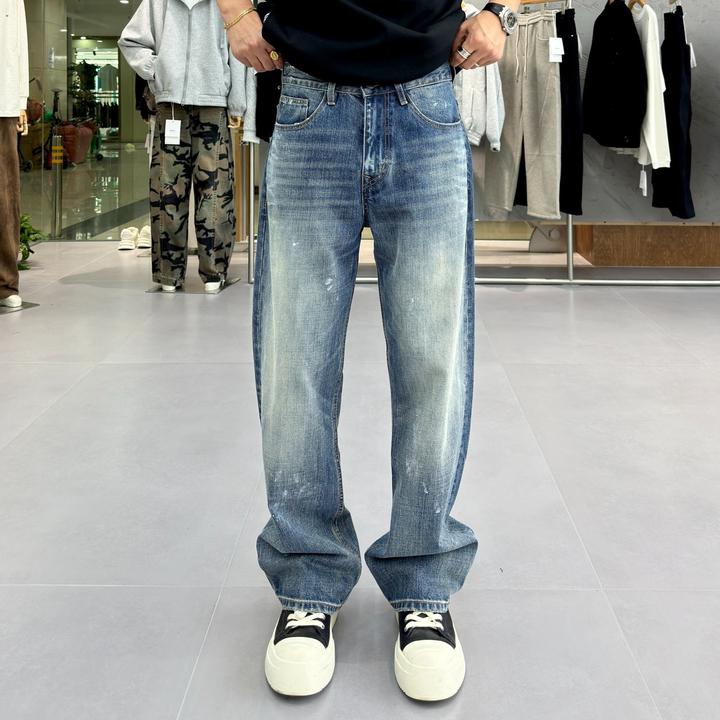 创恒（善恶）秋季新款美式休闲刷漆经典中直筒个性修身显高牛仔裤男