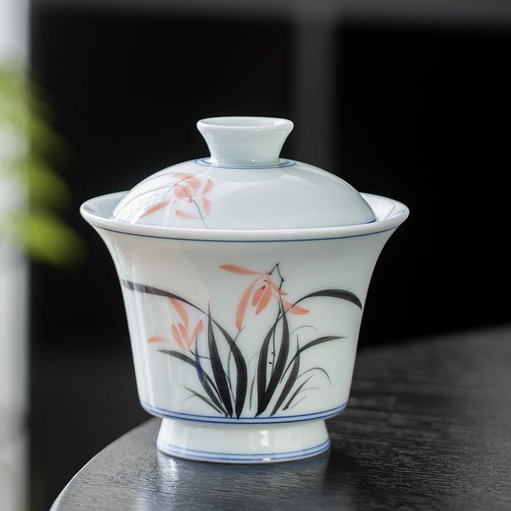 青瓷手绘盖碗单个泡茶碗两才功夫茶具釉下彩青花陶瓷茶备单个茶杯