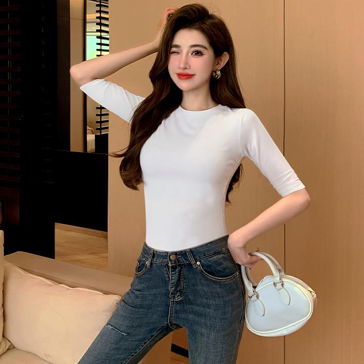 莫达尔黑色中袖T恤打底衫女士秋季修身显瘦五分袖中领小衫上衣潮