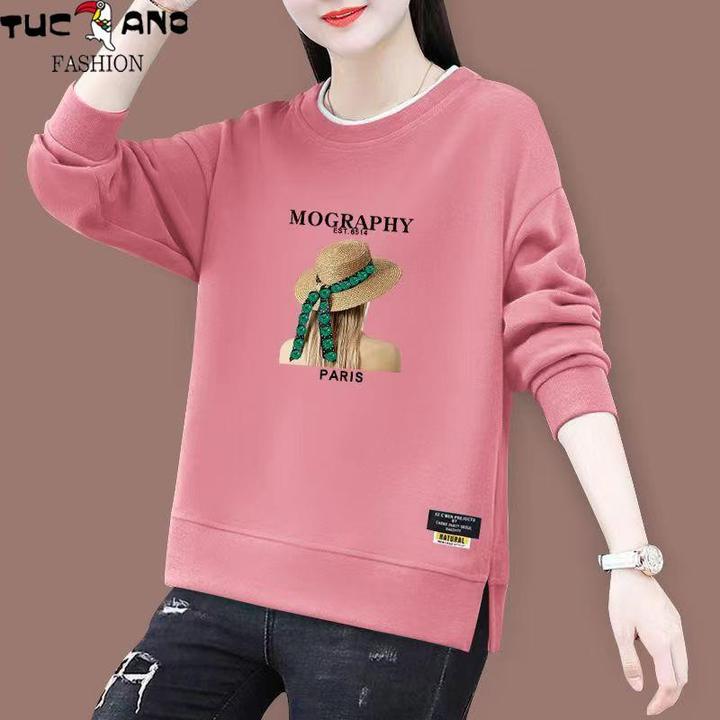 啄木鸟春秋季圆领卫衣女新款宽松大码显瘦长袖开叉休闲新款卫衣女